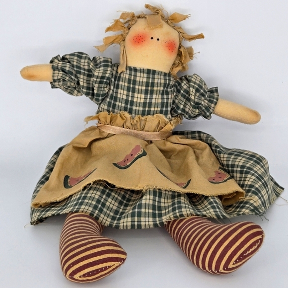 Handmade 11" Primitive Folk Art Cloth Rag Doll Country Farmhouse Decor on Chair - Picture 2 of 11